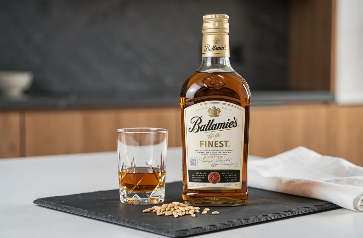 Bouteille de Ballantine's Finest avec un verre de whisky et des grains d'orge sur une surface en ardoise