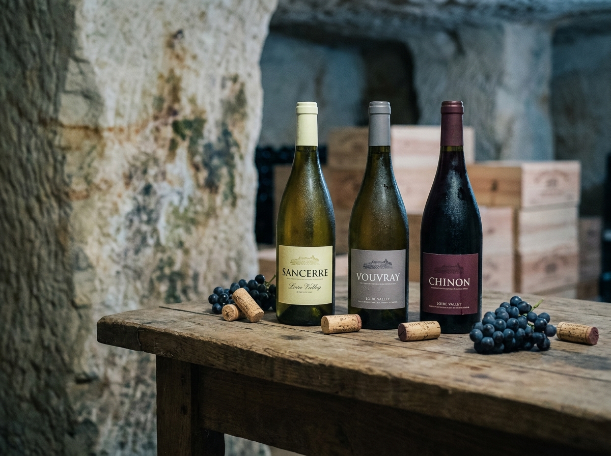 Bouteilles de vins de la Loire en cave troglodyte avec condensation sur du tuffeau — Sancerre, Vouvray et Chinon