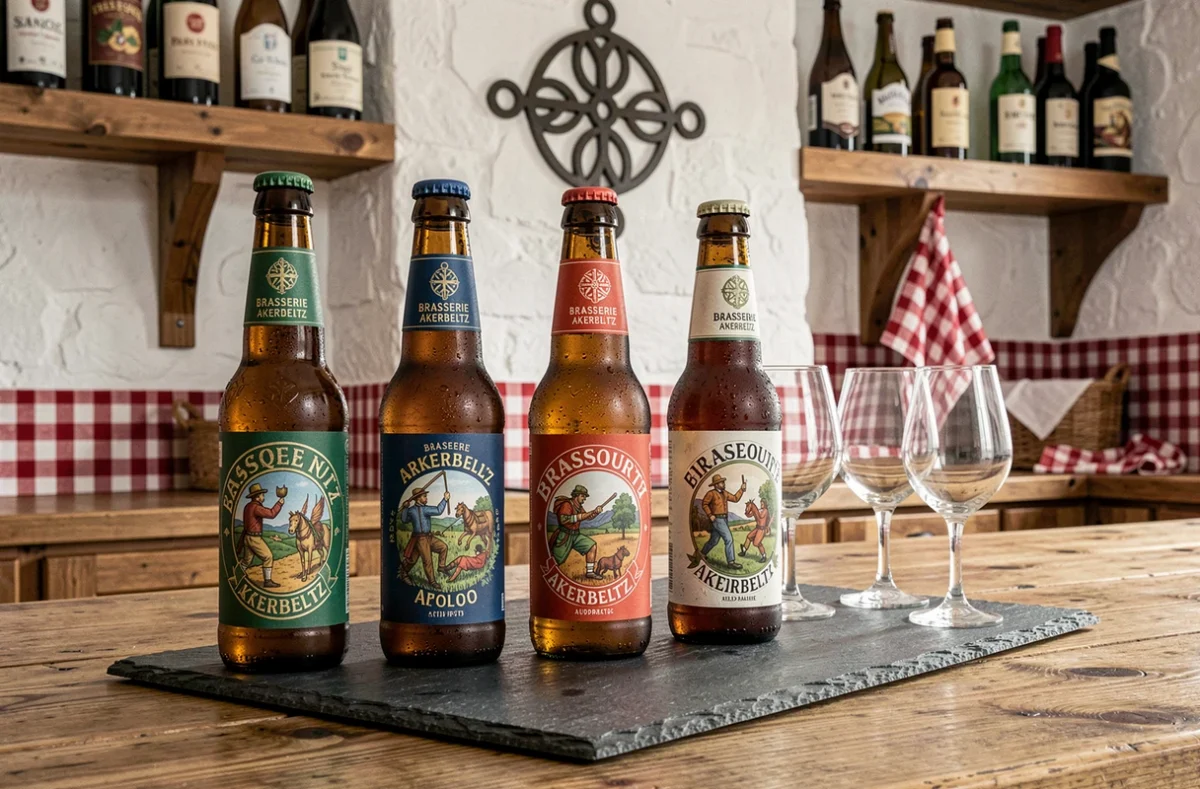 Bouteilles de bière artisanale de la Brasserie Akerbeltz avec étiquettes mythologie basque sur ardoise