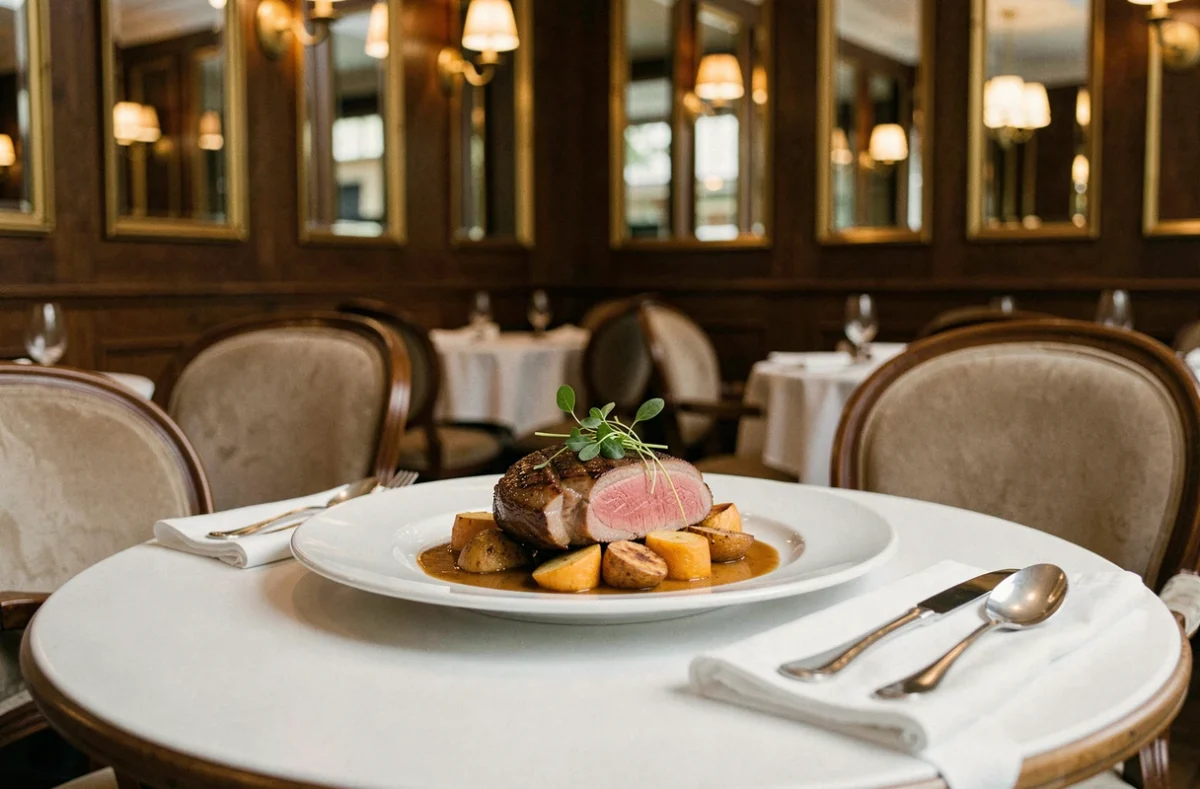 Assiette de cuisine de brasserie raffinée servie à la Brasserie Le Jardin à Reims, avec canard rôti et légumes de saison sur nappe blanche