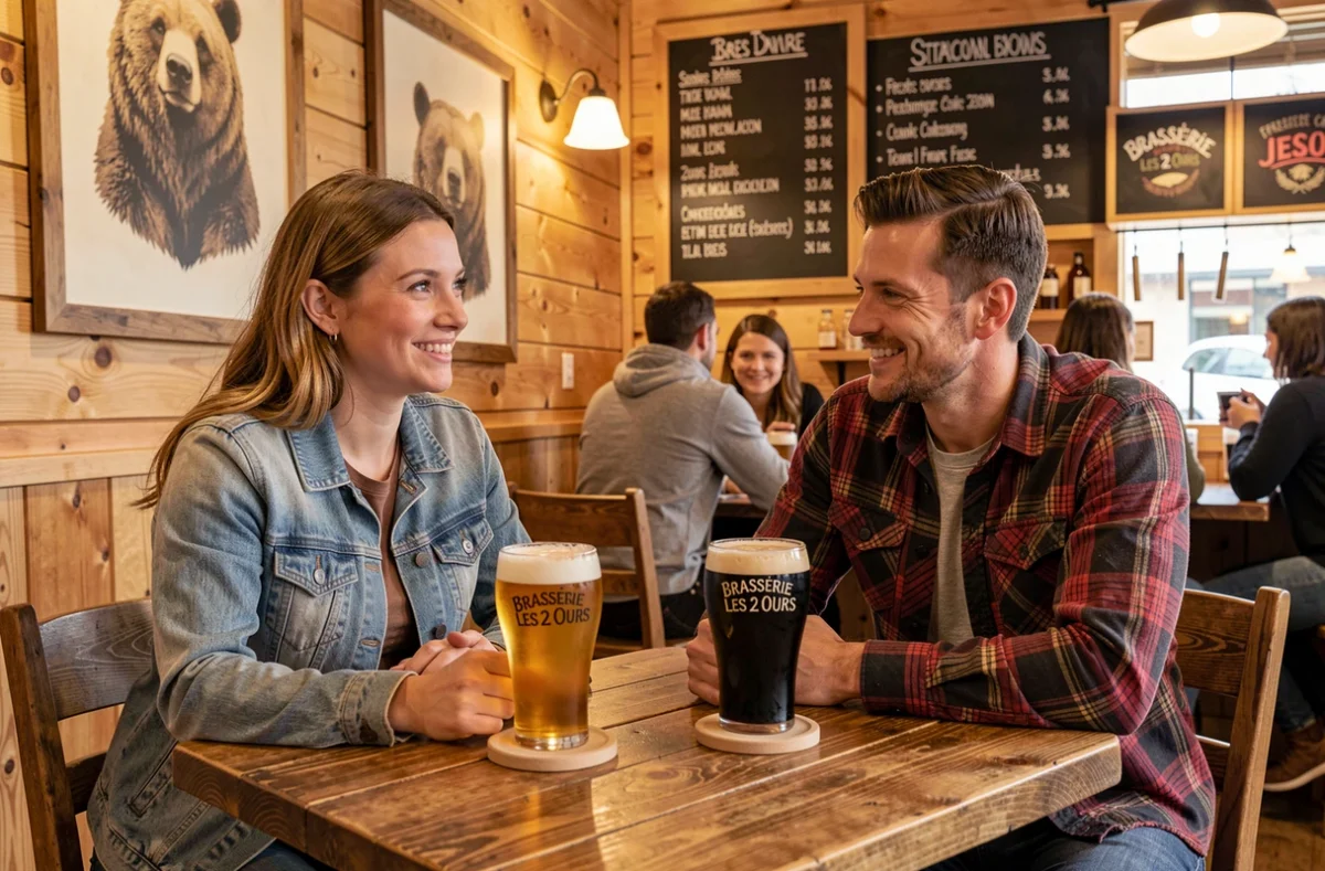 Deux amis dégustant des bières artisanales à la Brasserie Les 2 Ours dans un décor en bois rustique