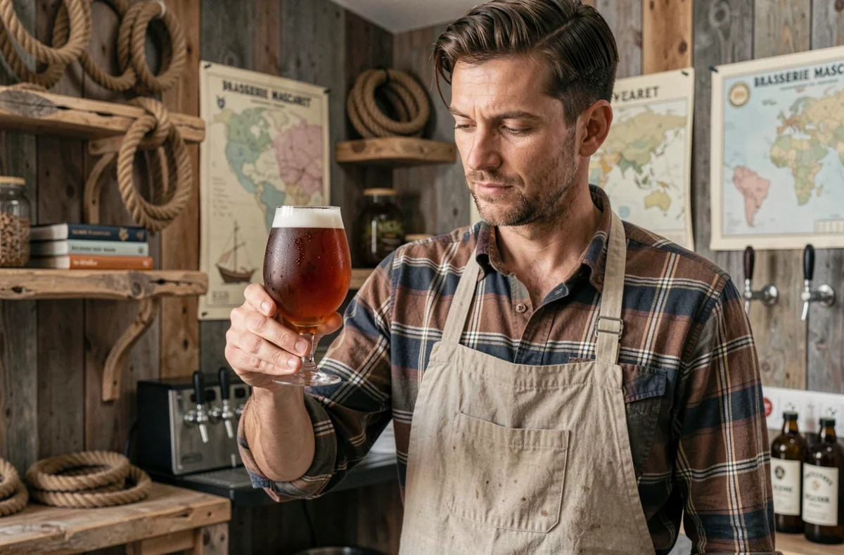 Brasseur de la Brasserie Mascaret tenant un verre de bière ambrée artisanale dans un décor maritime