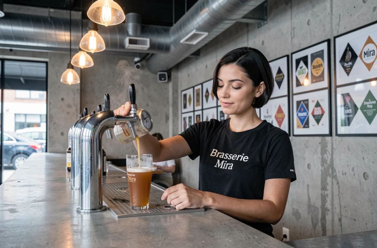 Barmaid de la Brasserie Mira versant une IPA trouble sur un bar en béton poli