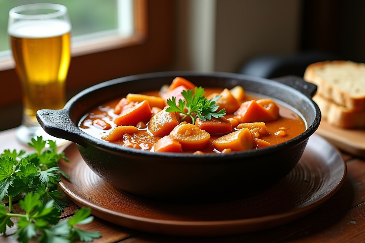 Ragoût de carbonade flamande dans une cocotte en fonte avec pain et bière