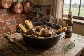 Carbonade flamande authentique dans une cocotte en fonte sur une table de cuisine rustique belge avec une bouteille de bière brune