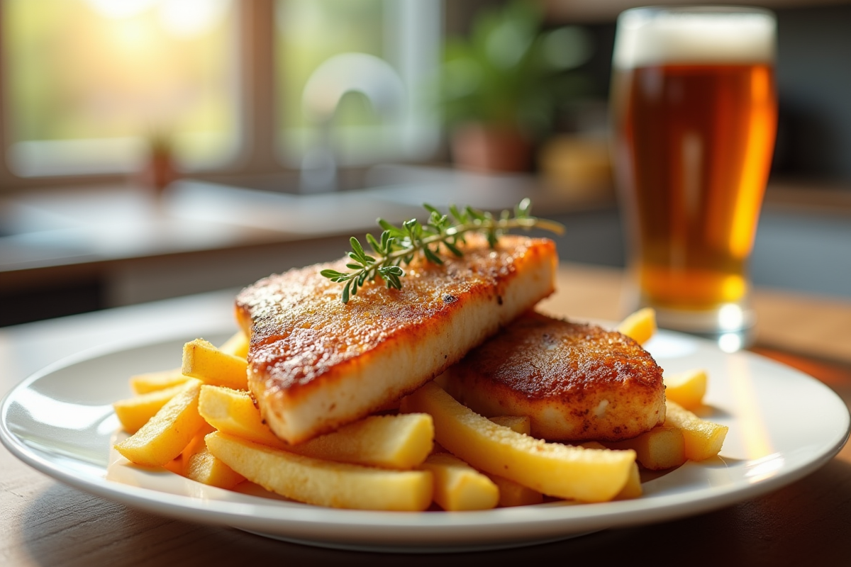 Portion de carbonade flamande avec frites dorées et bière sombre