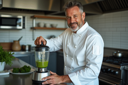 Chef en cuisine moderne préparant une soupe verte dans un blender
