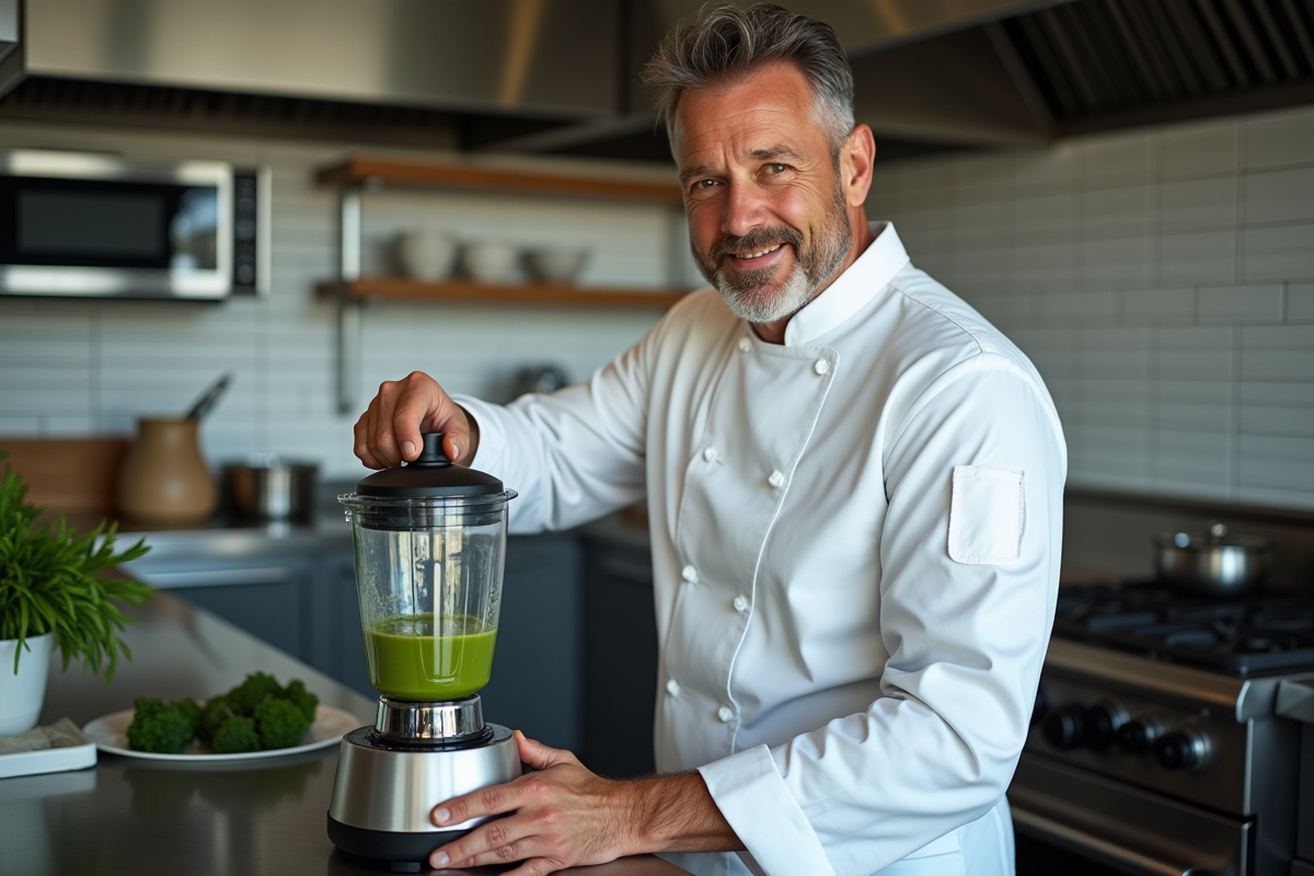 Chef en cuisine moderne préparant une soupe verte dans un blender