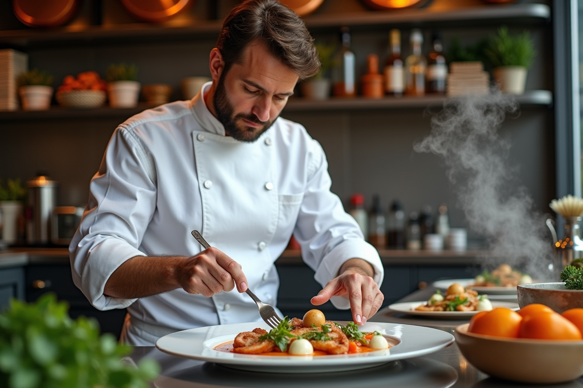 Chef en cuisine parisienne en train de dresser un plat élégant