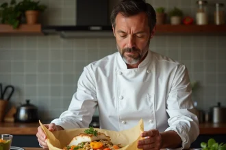 Chef français ouvrant un papillote de poisson et légumes colorés