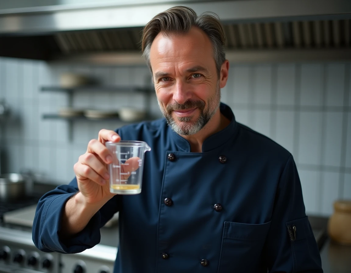 Chef cuisinier lisant un verre doseur gradué en centilitres dans une cuisine professionnelle