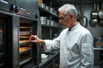 Chef en cuisine professionnelle examinant un four combiné