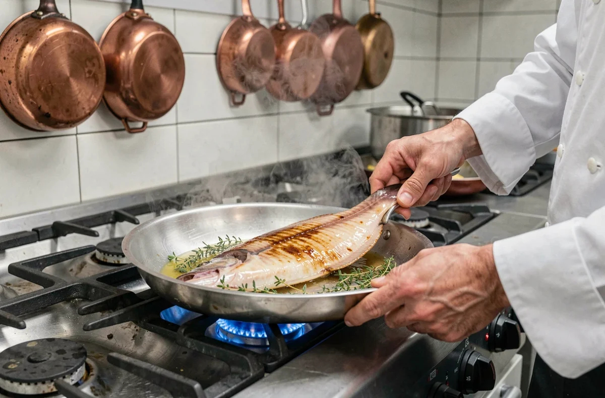 Chef professionnel en train de saisir une queue de lotte dans une poêle en inox dans une cuisine gastronomique
