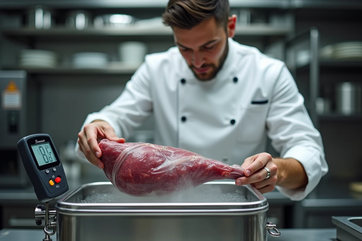 Chef professionnel plongeant un gigot de chevreuil sous vide dans un bain marie à température contrôlée pour une cuisson basse température