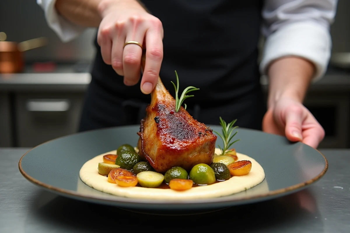 Chef en train de dresser un confit de canard avec purée de panais et légumes rôtis dans une cuisine professionnelle