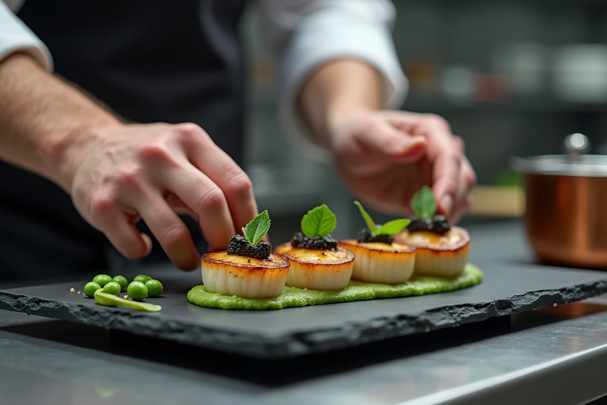 Chef en cuisine dressant des noix de Saint-Jacques avec purée de petits pois et truffe noire dans une assiette ardoise pour un repas gastronomique