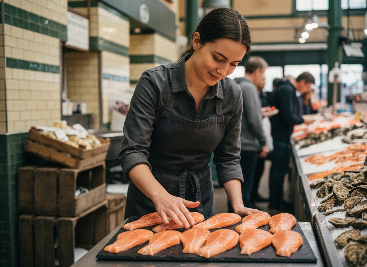 Jeune chef examinant des filets de saumon au marché