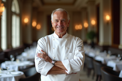 Chef français en veste blanche dans un restaurant élégant