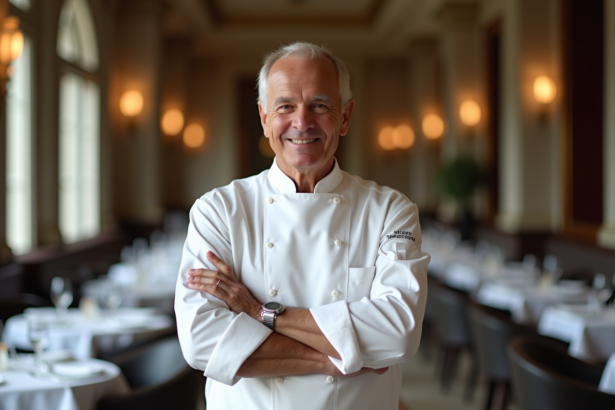 Chef français en veste blanche dans un restaurant élégant
