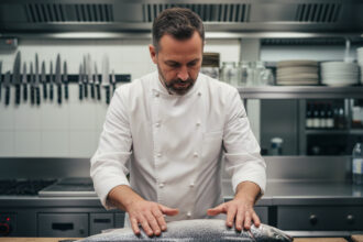 Chef professionnel inspectant un saumon frais en cuisine