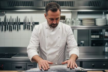 Chef professionnel inspectant un saumon frais en cuisine