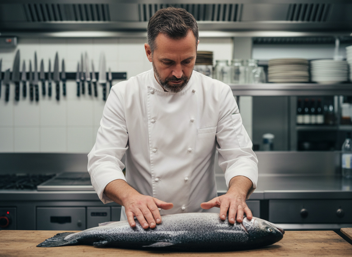 Chef professionnel inspectant un saumon frais en cuisine