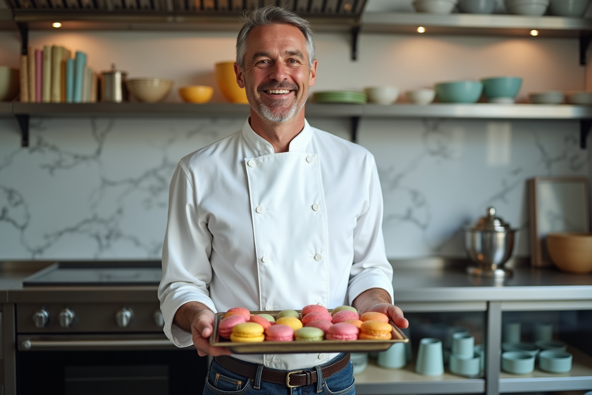 Chef présentant un plateau de macarons colorés dans un studio moderne