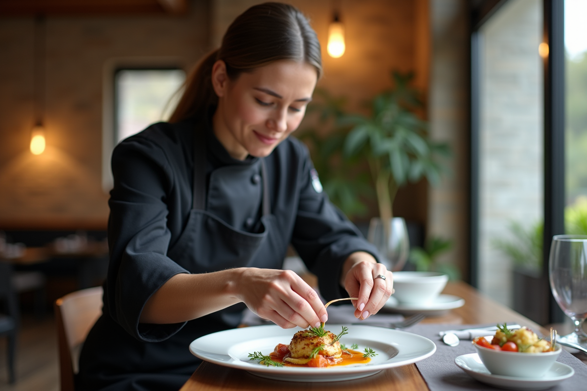 Chef féminin en train de dresser un plat gourmet dans un restaurant