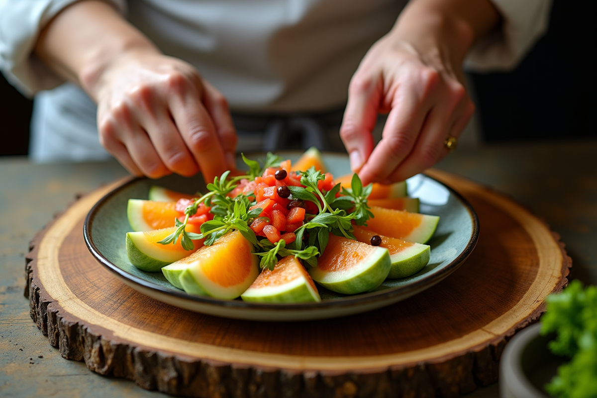 Chef arrangeant une salade avec yunnan hackberry et melon
