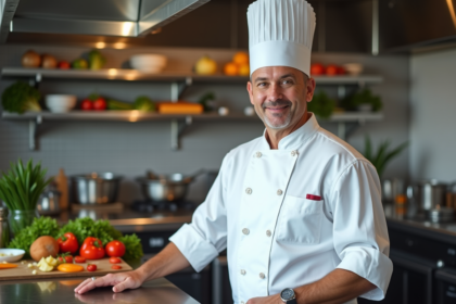 Chef en cuisine professionnelle souriant en uniforme blanc