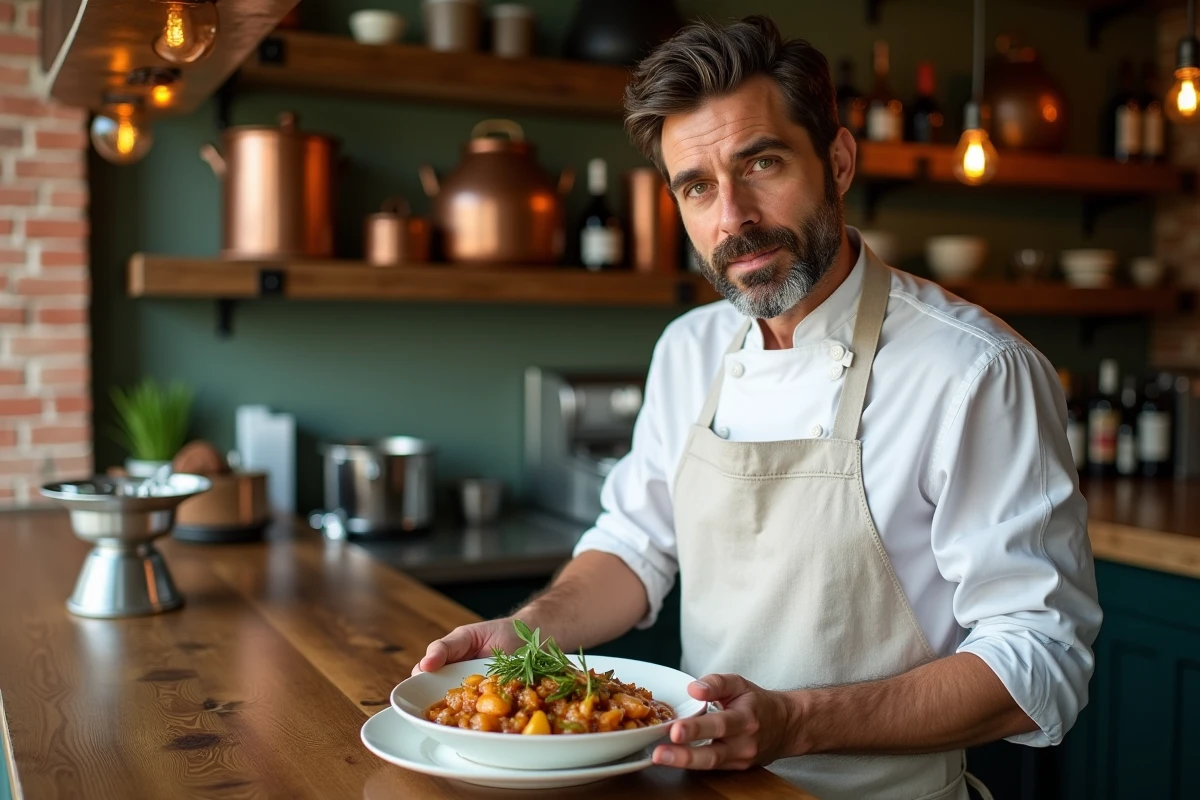 Chef toulousain en train de dresser un cassoulet traditionnel dans la cuisine ouverte d'un restaurant du quartier Saint-Cyprien