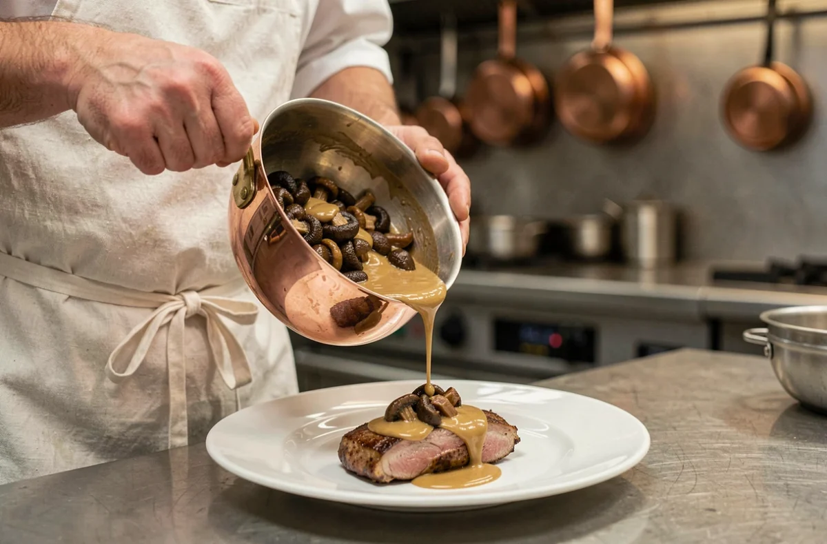 Chef versant une sauce aux cèpes et foie gras sur un magret de canard dans une cuisine de restaurant