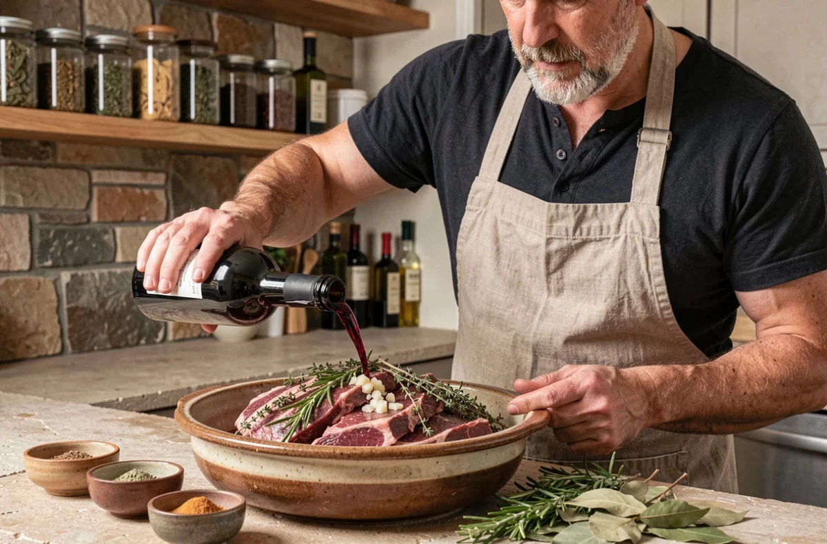 Chef versant du vin rouge sur des morceaux de sanglier cru dans un plat en céramique pour la marinade avec herbes fraîches