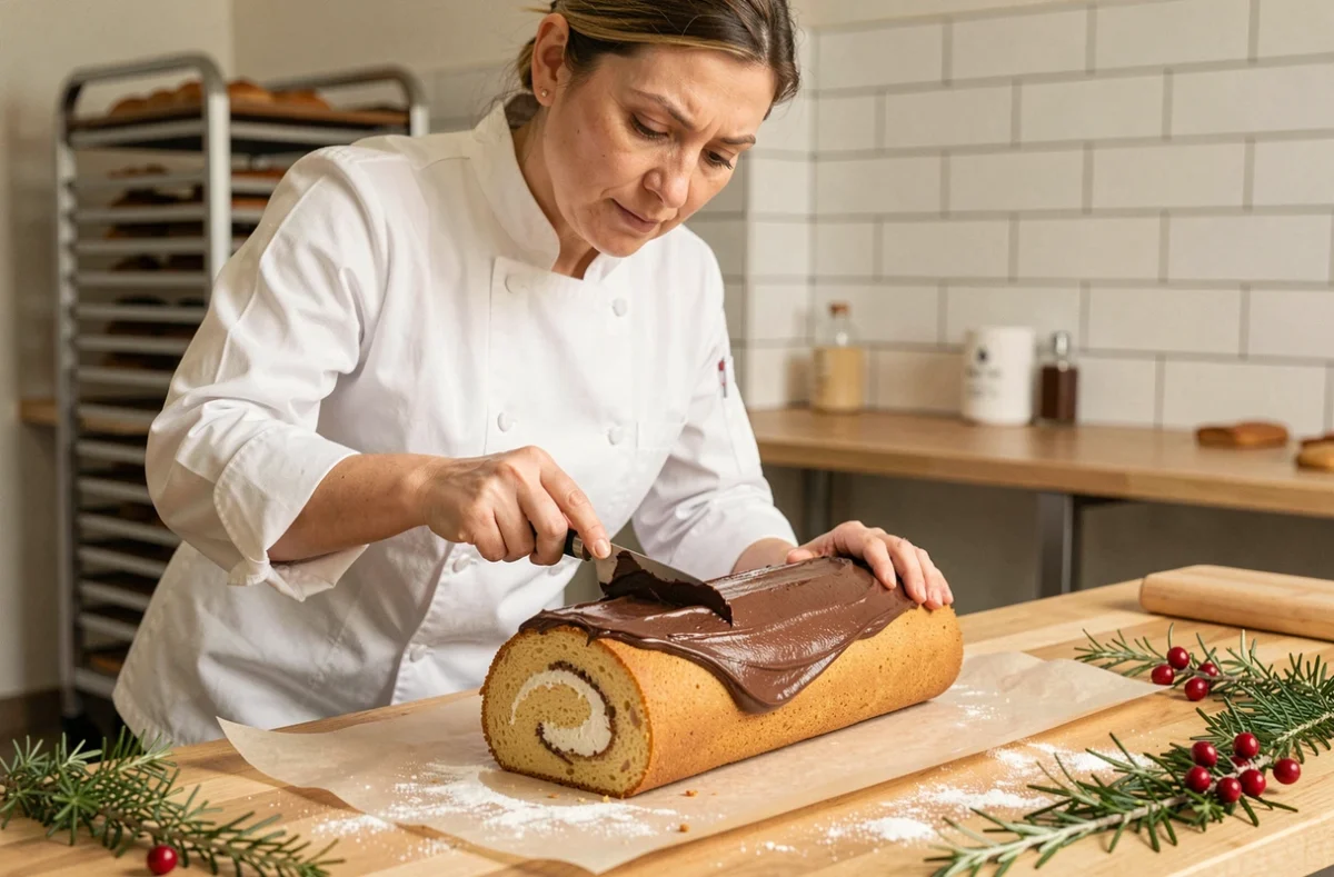 Cheffe pâtissière étalant la crème pâtissière au chocolat sur une bûche de Noël roulée dans une boulangerie professionnelle