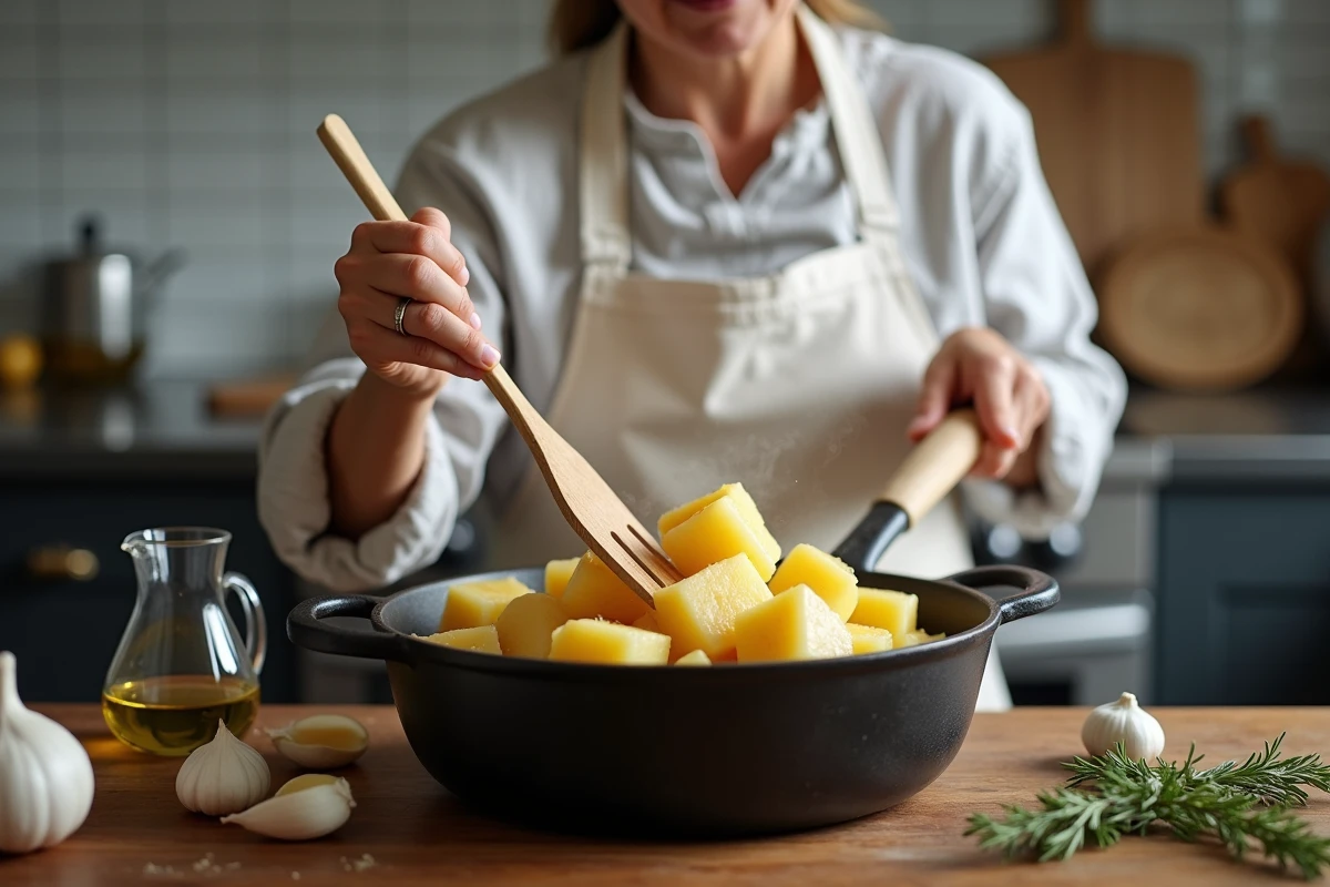 Cheffe cuisinière écrasant des pommes de terre à la fourchette dans une poêle en fonte avec de l'huile d'olive et des herbes fraîches