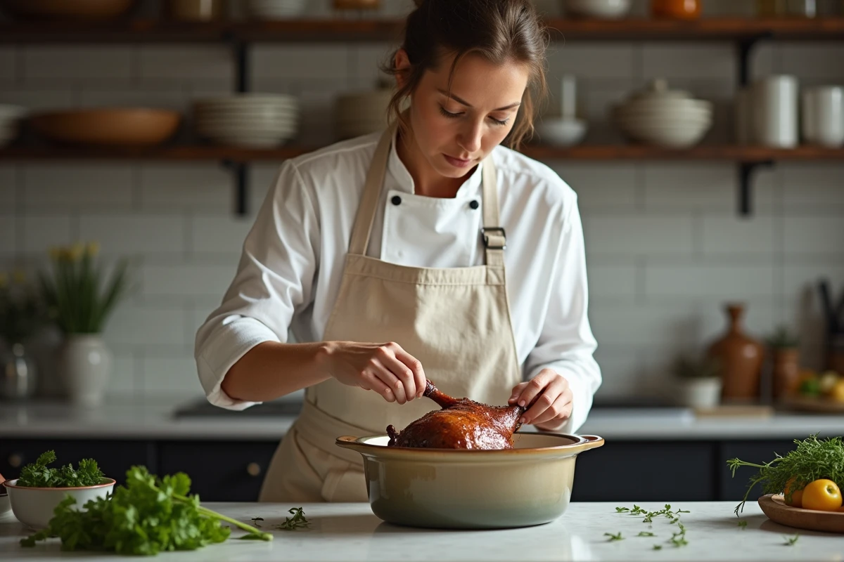 Cheffe cuisinière plaçant une cuisse de canard dans une cocotte en céramique pour une cuisson lente et moelleuse