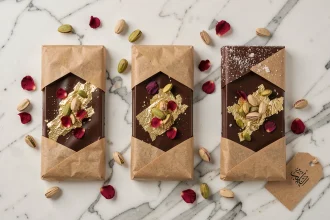 Tablettes de chocolat premium style Dubaï avec feuilles d'or, pistaches et pétales de rose séchées sur marbre blanc