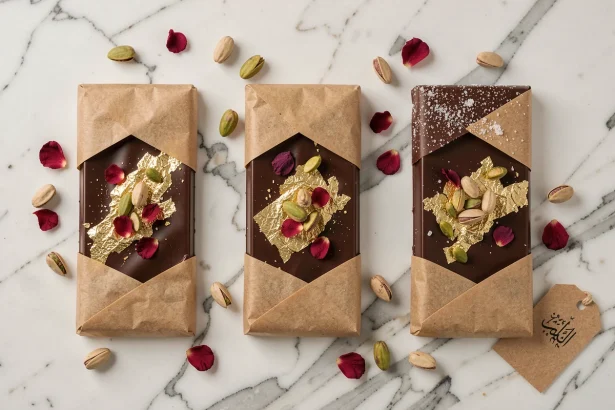 Tablettes de chocolat premium style Dubaï avec feuilles d'or, pistaches et pétales de rose séchées sur marbre blanc