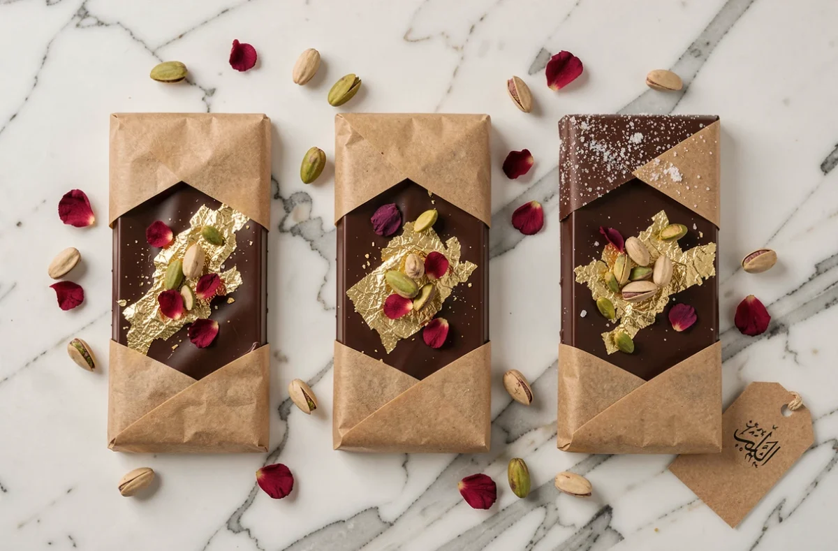 Tablettes de chocolat premium style Dubaï avec feuilles d'or, pistaches et pétales de rose séchées sur marbre blanc