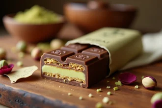 Tablette de chocolat Dubaï déballée avec garniture pistache et kataifi sur surface en bois, entourée de pistaches et étiquette de prix