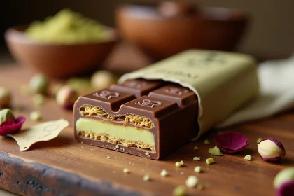 Tablette de chocolat Dubaï déballée avec garniture pistache et kataifi sur surface en bois, entourée de pistaches et étiquette de prix
