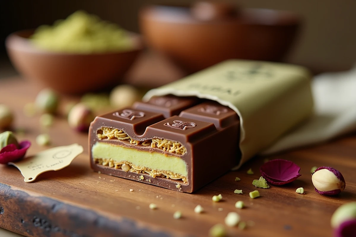 Tablette de chocolat Dubaï déballée avec garniture pistache et kataifi sur surface en bois, entourée de pistaches et étiquette de prix