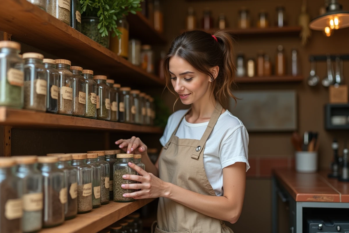 Femme choisissant des épices dans des bocaux en verre sur une étagère en bois rustique dans une cuisine artisanale