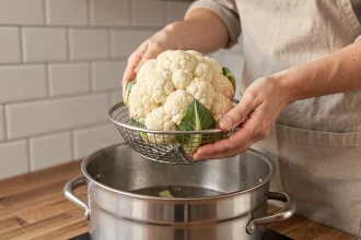 Femme plaçant un chou-fleur entier dans un panier vapeur inox au-dessus d'une casserole sur une cuisinière moderne
