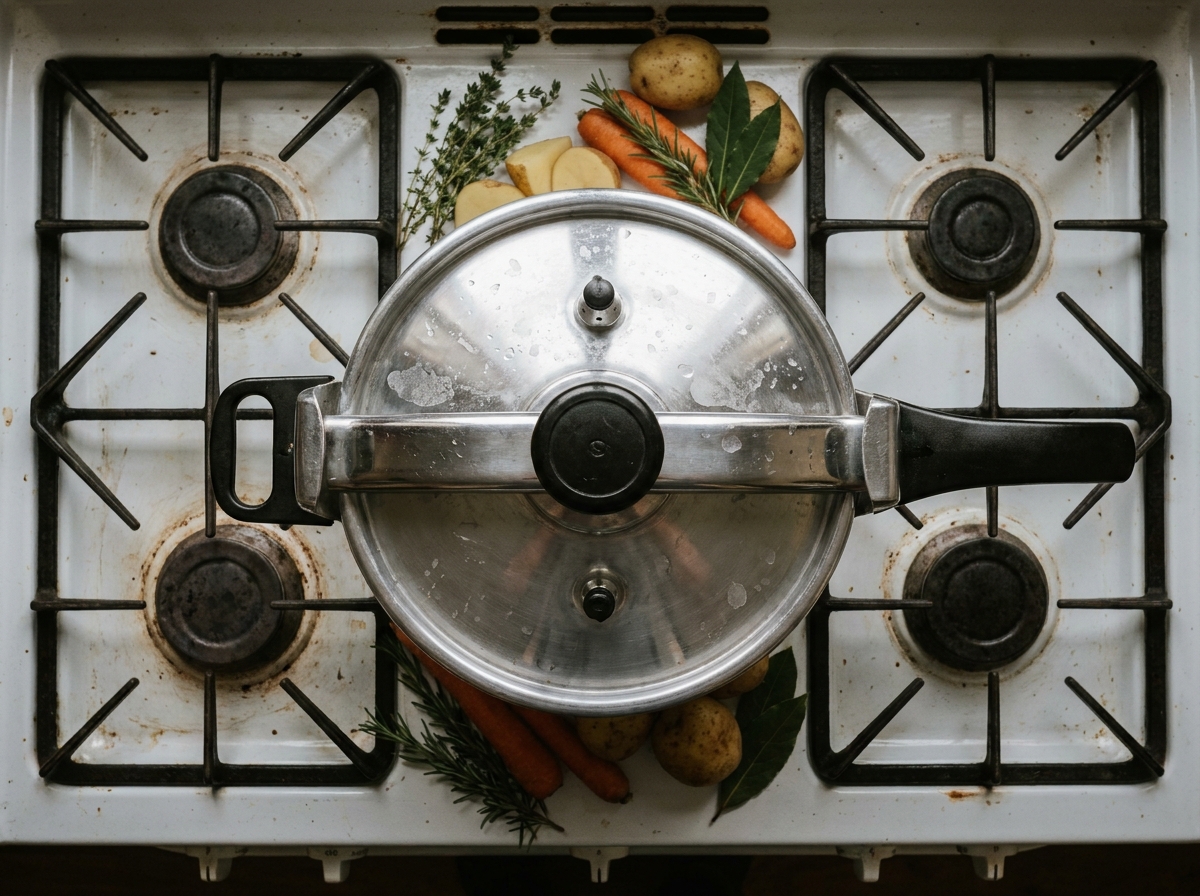 Vue aérienne d'une cocotte-minute classique en aluminium posée sur un feu de gaz entourée de légumes frais