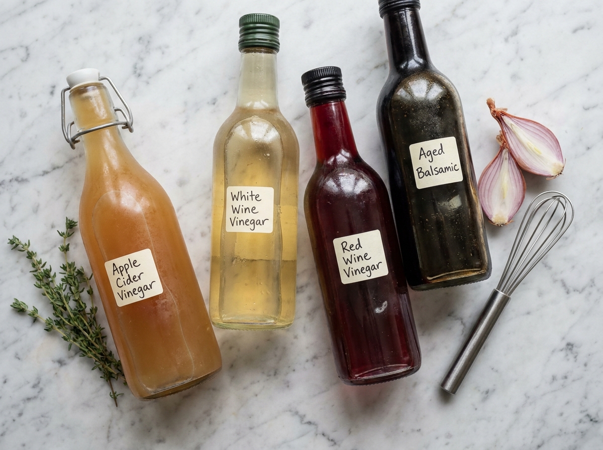 Collection de bouteilles de vinaigre artisanal sur un plan de travail en marbre avec herbes fraîches et échalote