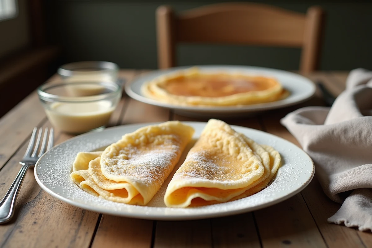 Comparaison entre une crêpe épaisse et une crêpe fine côte à côte sur des assiettes blanches avec sucre glace