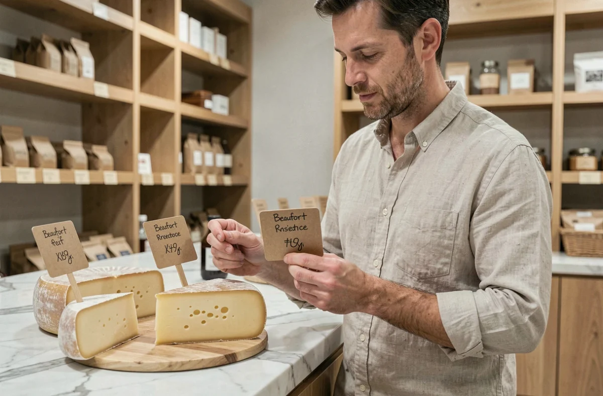 Homme comparant le prix au kilo de différentes portions de Beaufort dans une boutique spécialisée
