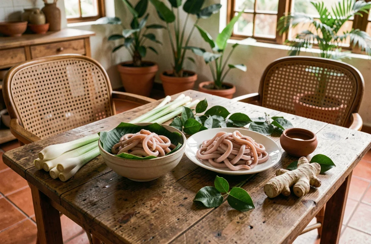 Comparaison côte à côte de vers de coco vivants et surgelés sur une table en bois rustique avec des ingrédients tropicaux
