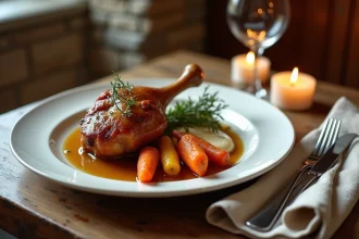 Confit de canard doré servi avec légumes rôtis et purée de céleri-rave sur une table en bois rustique dans un bistrot français